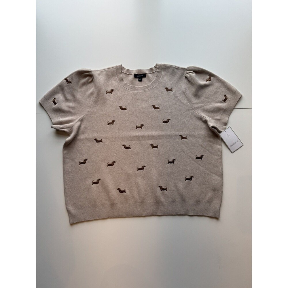 Anthropologie Calligraphie Beige Dachshund Dog Puff Short Sleeve Sweater 3X